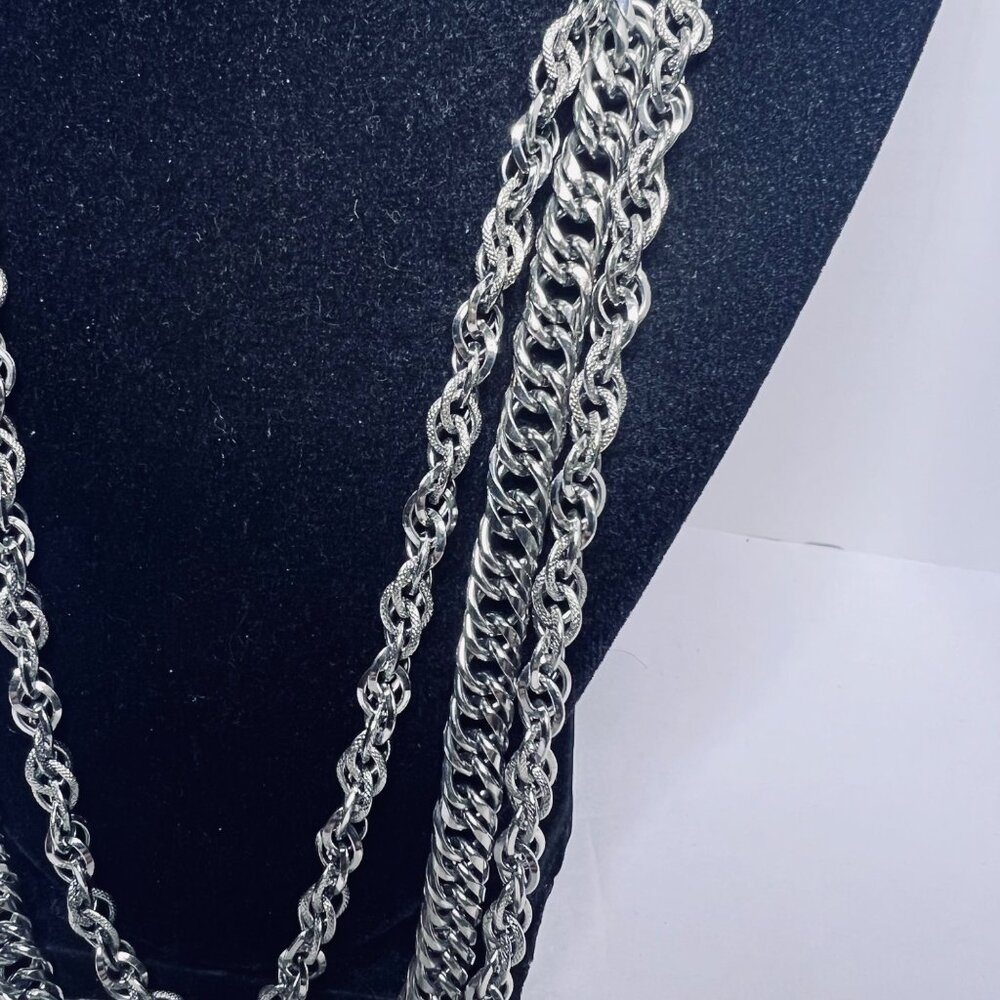 TAN Silver Tone Chunky Triple Strand Necklace With Flower Hook Clasp (5635) - Picture 3 of 7